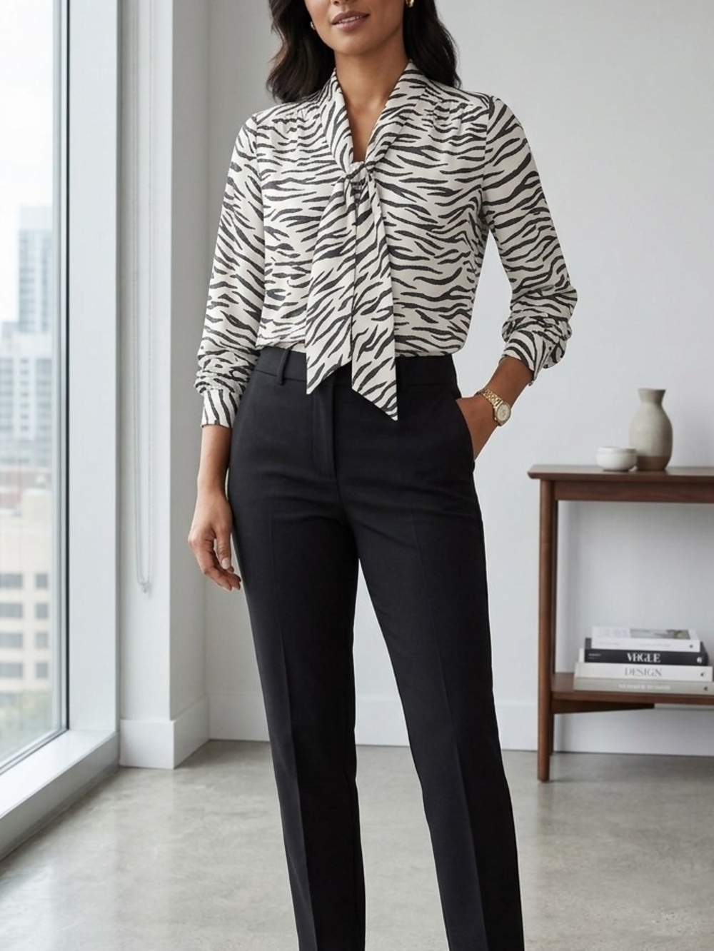 Banana Republic Zebra Print Tie-Neck Blouse Size XS Petite